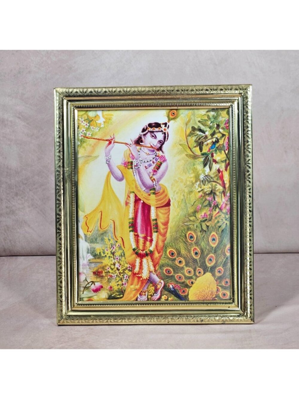 Framed Lord Krishna Playing Flute Picture Gold Tone Ornate Frame Devotional Art